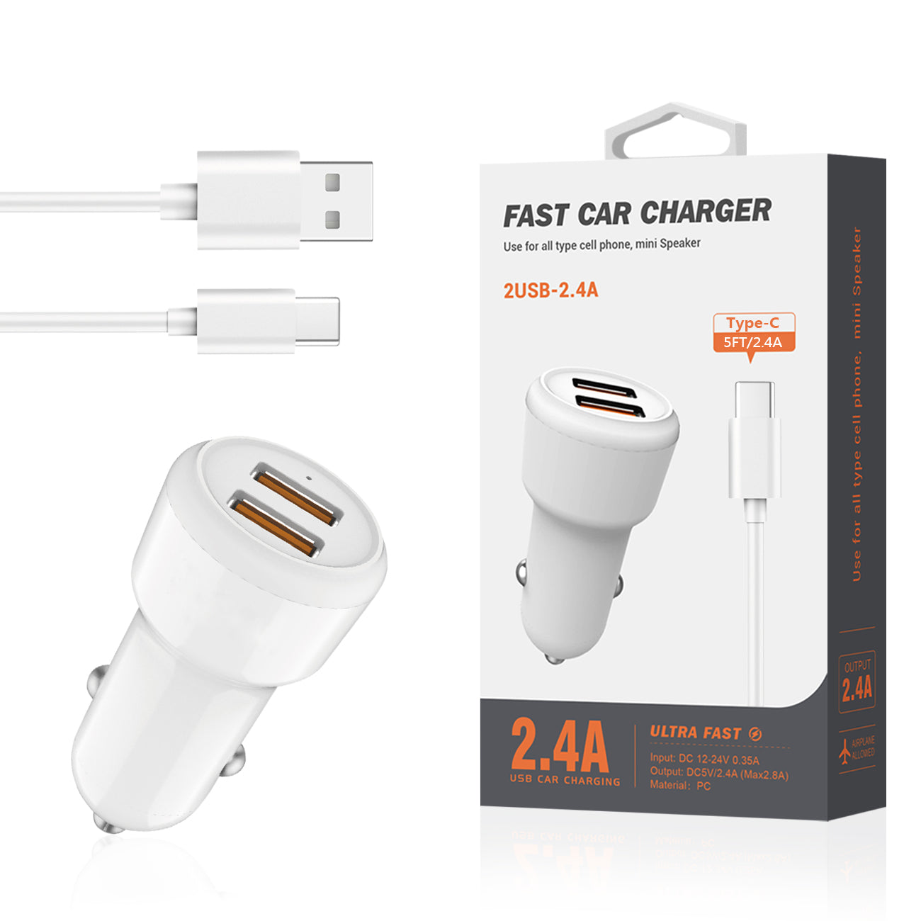 Reiko Typec Portable Car Charger With Built In 3 Ft Cable In White SKU:CC2IN1-TYPECWH